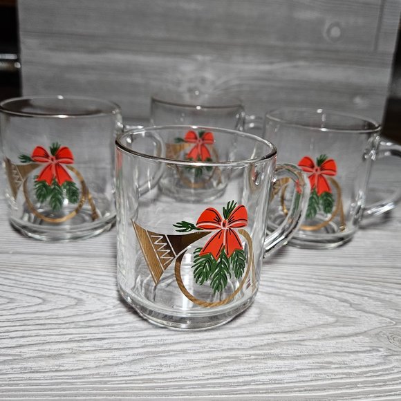 Set of 4 Clear horn pine red bow gold accent glass christmas mugs - Picture 1 of 7